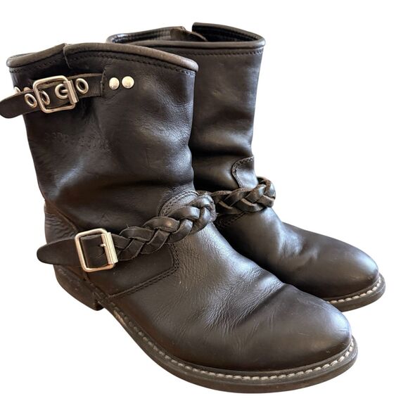 GOLDEN GOOSE Biker Boots Sz 37 Braided Black Leather Buckle Moto Goth Grunge